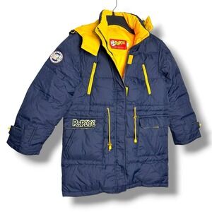 Vintage 2006 kids Popeyes winter puffer quilted jacket embroidered logo patches